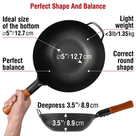 YOSUKATA wok pan side view highlights ergonomic wooden handle for comfortable grip during high-heat cooking.