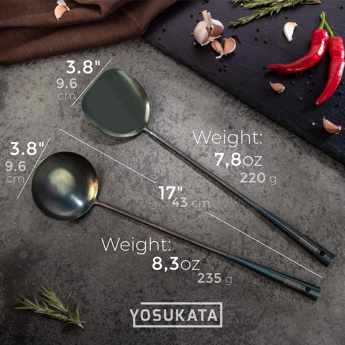 YOSUKATA wok ladle 17-inch blue carbon steel for precise pouring