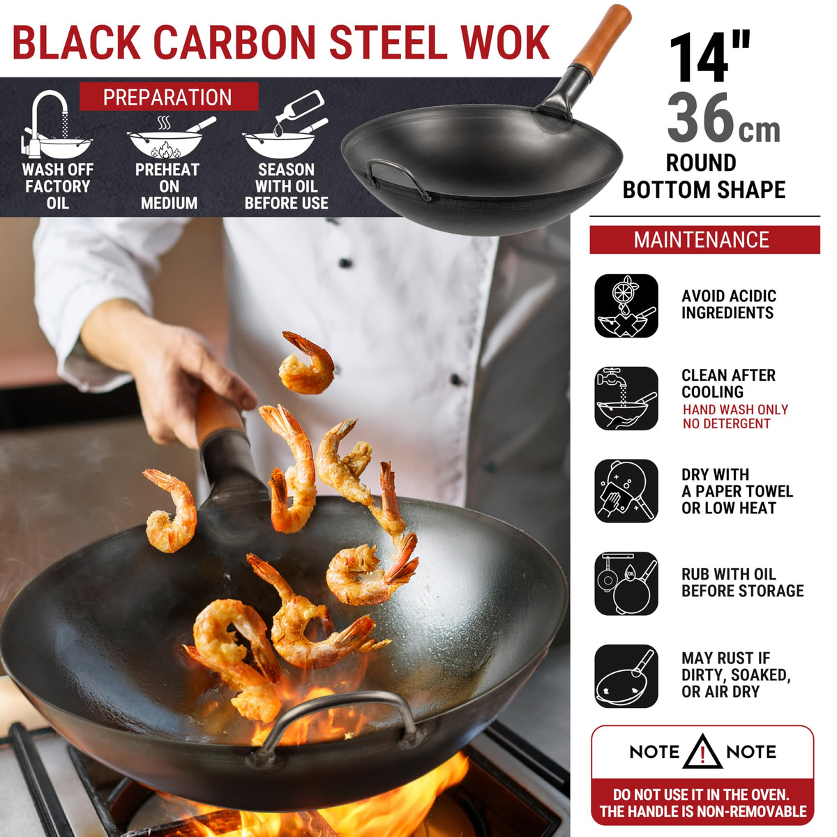 YOSUKATA wok with wooden handle close-up for secure grip
