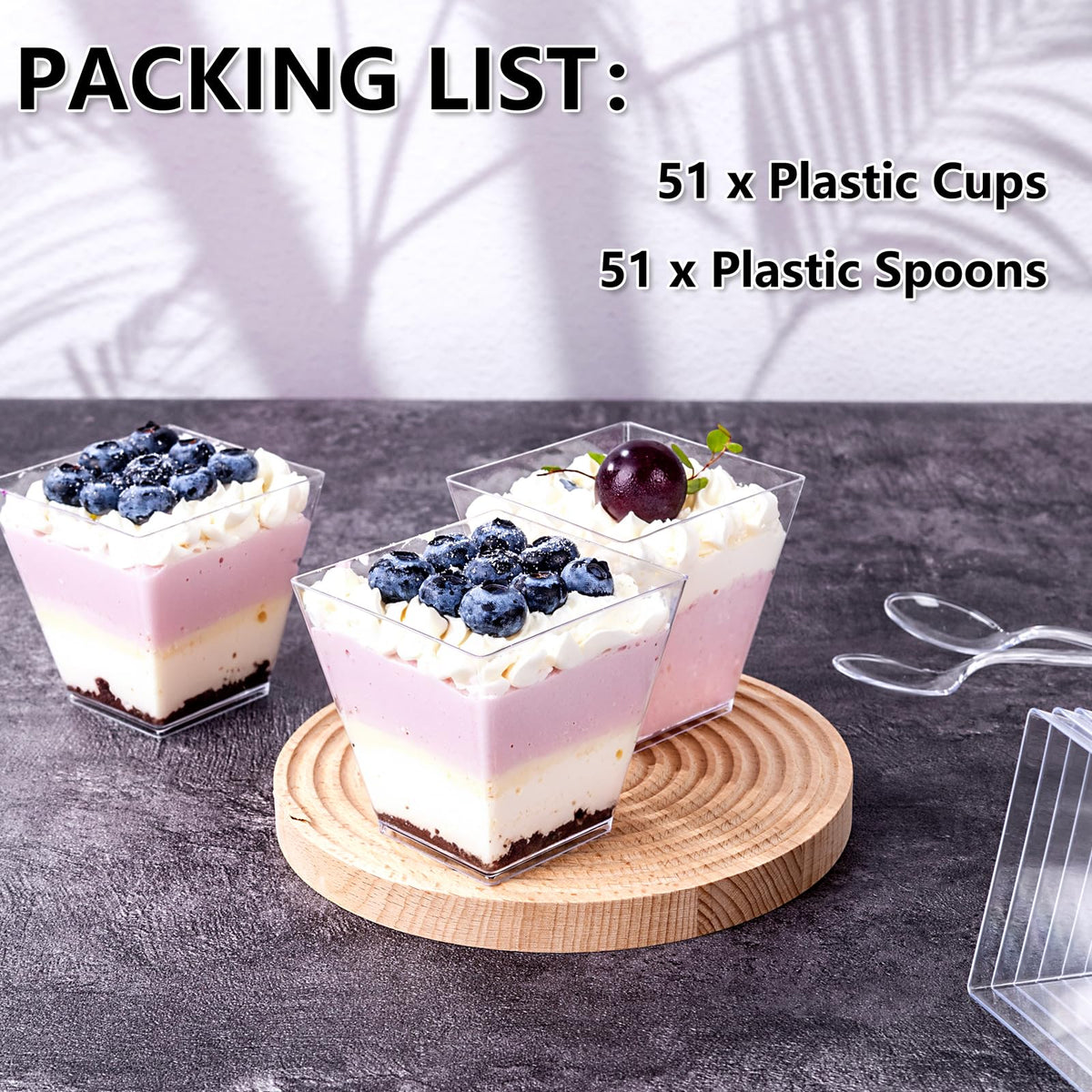 YOUBET BPA-free plastic cups shown for safe, vibrant dessert visuals.