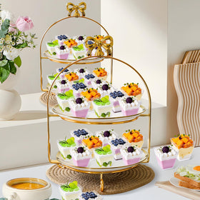 YOUBET catering buffet setup using clear cups for a polished look.
