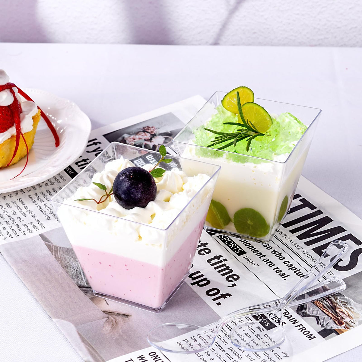 YOUBET wedding and brunch dessert cups in a buffet setup.