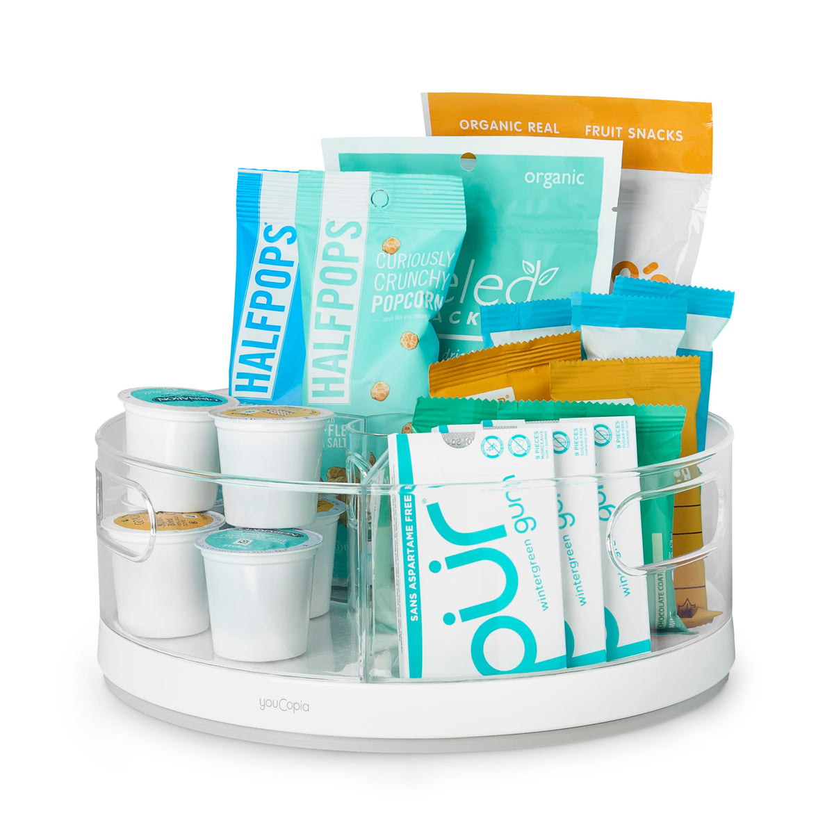 YouCopia Crazy Susan with 3 removable clear bins keeps small items organized and easy to grab.