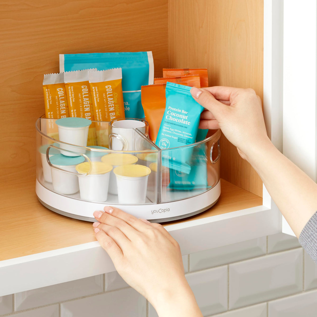 YouCopia Crazy Susan quick setup helps organize snacks, spices, or bathroom items.