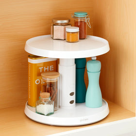 YouCopia Crazy Susan easy-clean plastic construction for everyday use.