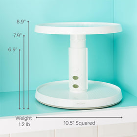 YouCopia Crazy Susan height settings adjust to fit tall bottles and jars.