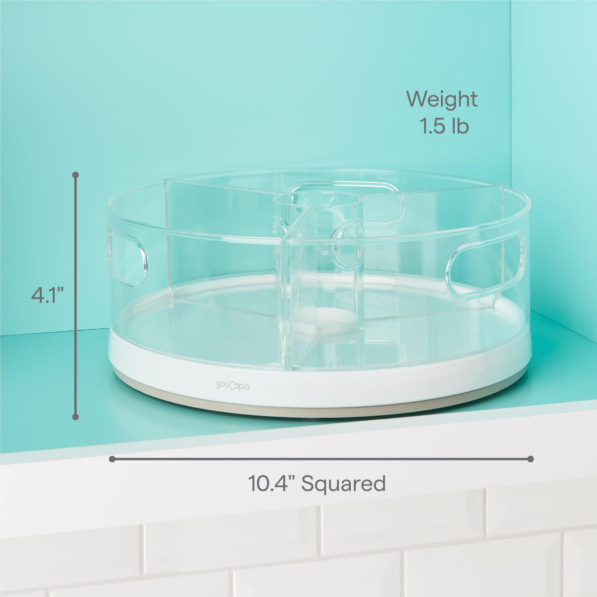YouCopia Crazy Susan includes BPA-free clear bins for easy visibility.
