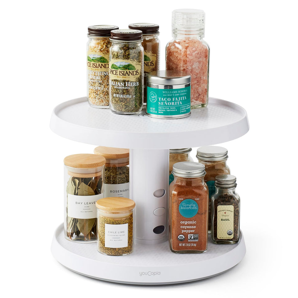 YouCopia Crazy Susan two-tier turntable with center post for easy cabinet organization.