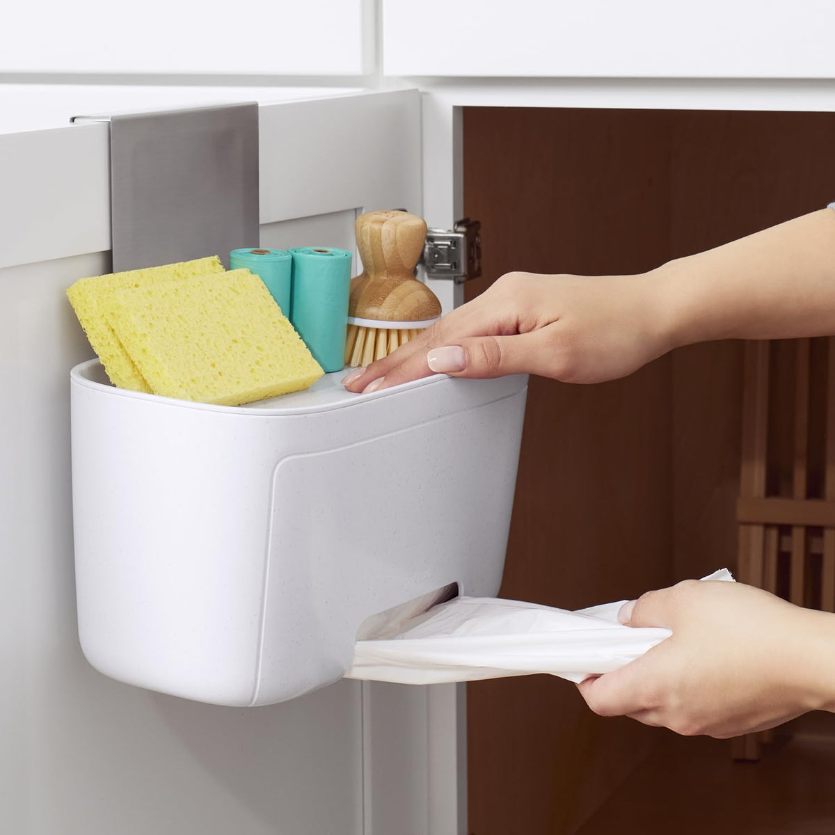 YouCopia DoorStash brushed nickel hardware resists fingerprints