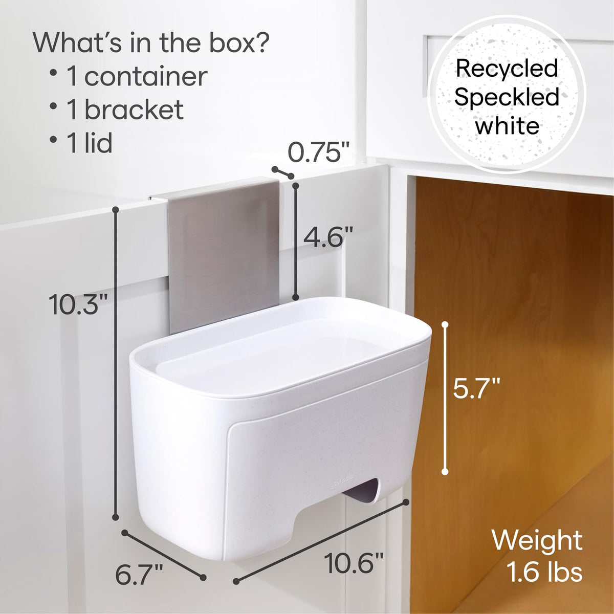 YouCopia DoorStash speckled white body blends with kitchen decor