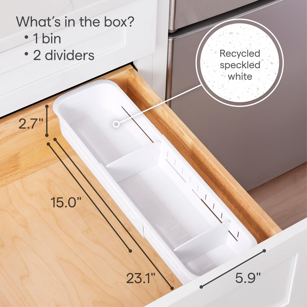 YouCopia DrawerFit adjustable dividers organize top drawer items.