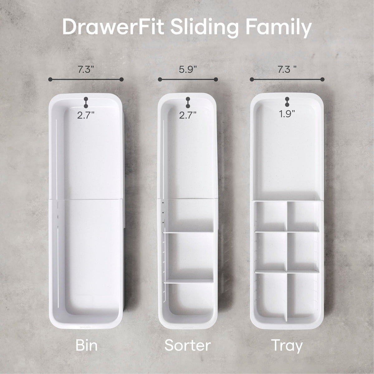 YouCopia DrawerFit speckled white BPA-free recycled plastic is easy to clean.