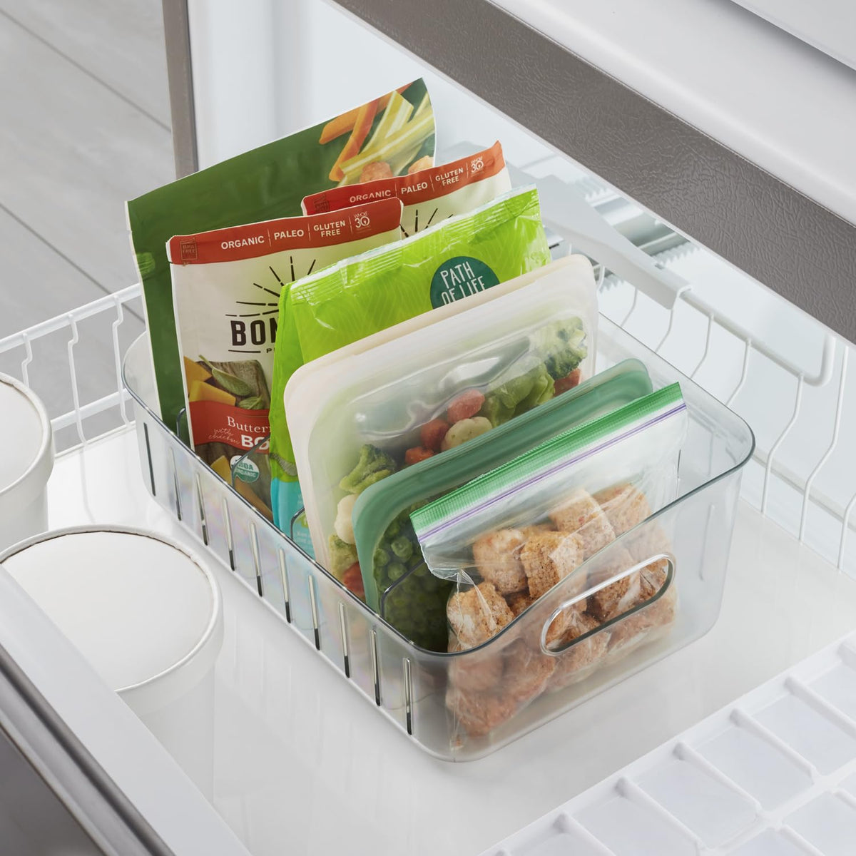 YouCopia FreezeUp clear bin lets you see contents at a glance