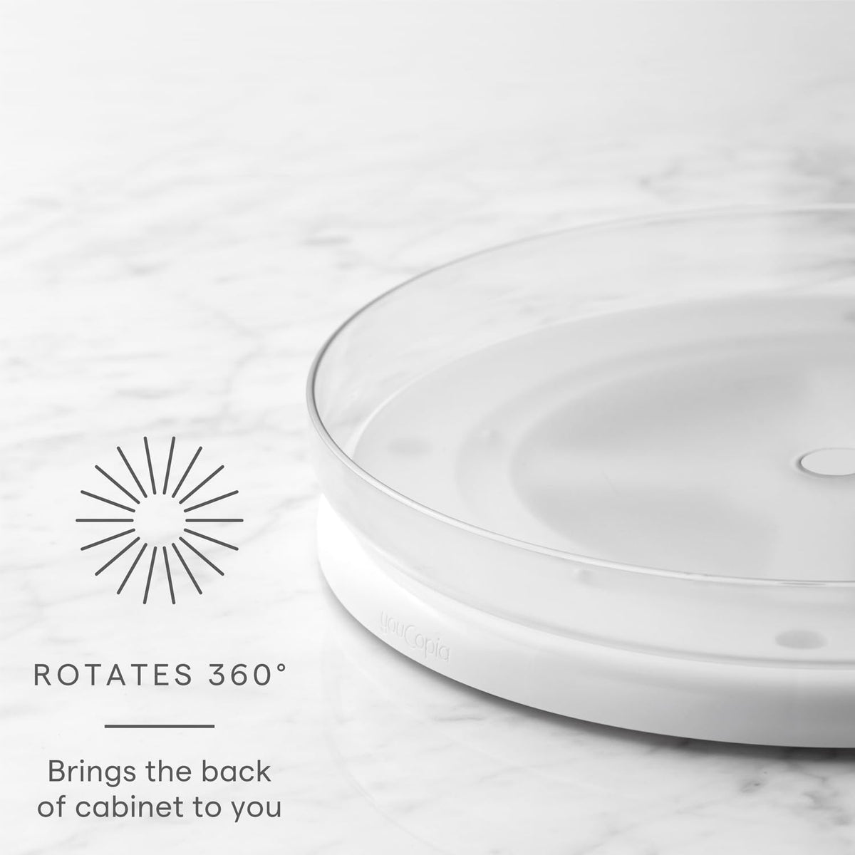 YouCopia FridgeView 360 rotation keeps groceries in view for quick retrieval.