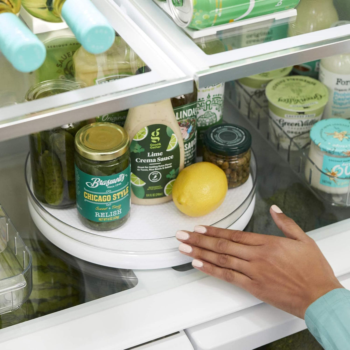 YouCopia FridgeView on a shelf with items loaded and ready to spin.