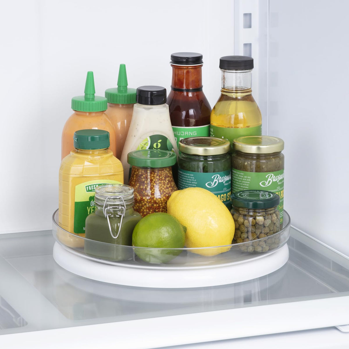 YouCopia FridgeView supports produce, sauces, vitamins, and more on a single turntable.