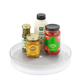 YouCopia FridgeView turntable 11in white setup enables easy access to back-of-shelf items.