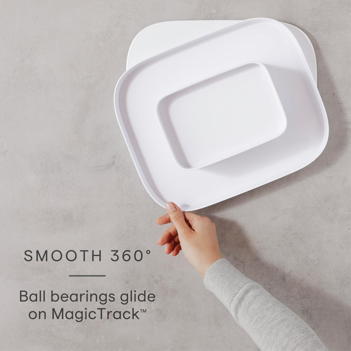 YouCopia MagicTrack rectangle turntable front view highlighting easy access to seasonings