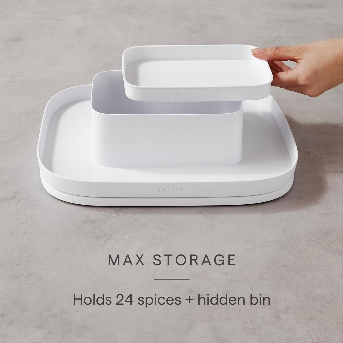 YouCopia MagicTrack rectangle turntable side view demonstrates stable, non-slip feet