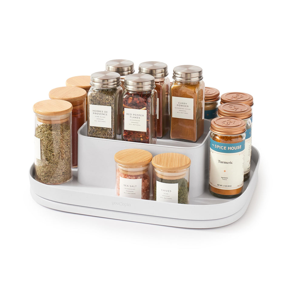 YouCopia MagicTrack rectangle turntable top view showing space-efficient spice storage