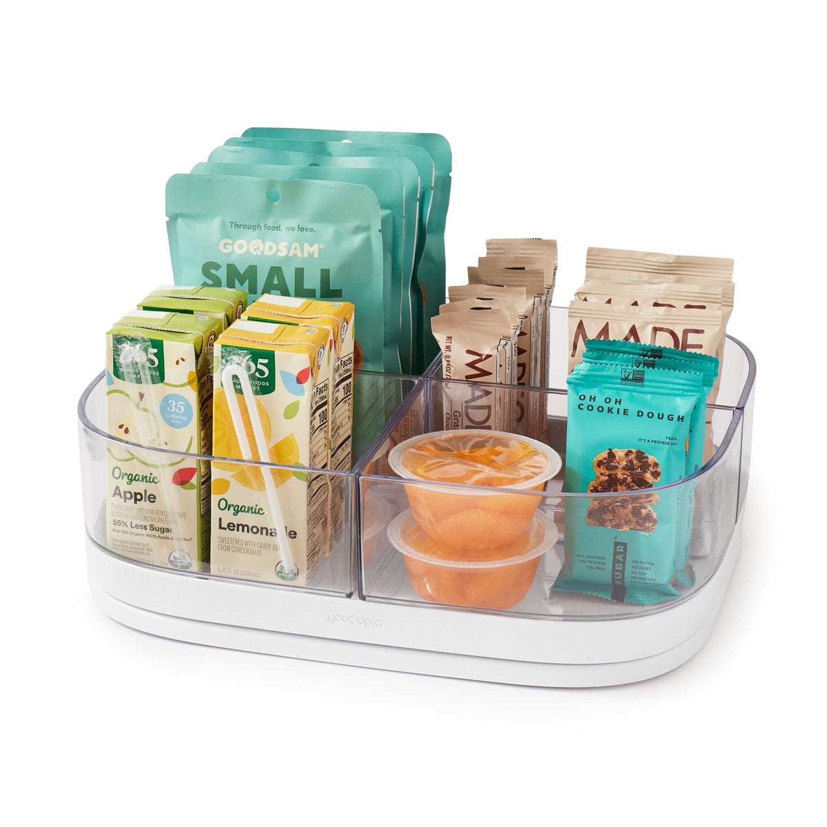 YouCopia MagicTrack rectangle turntable with bins keeps pantry items organized and accessible.