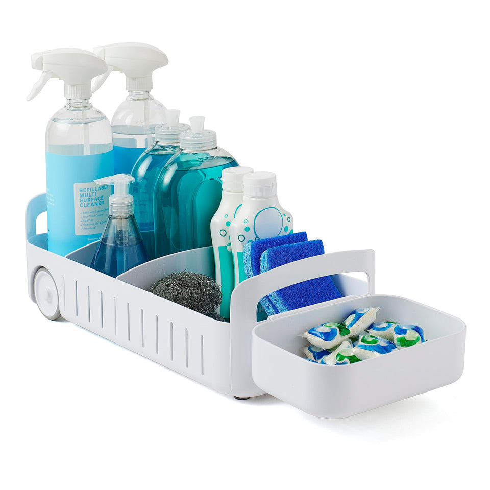 YouCopia RollOut Caddy under-sink setup keeps cabinets organized and accessible