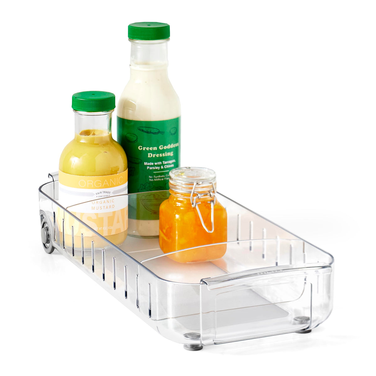YouCopia RollOut Fridge Caddy 6-wide on shelf showing organized snacks