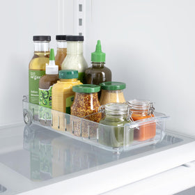YouCopia RollOut Fridge Caddy full-organization on a fridge shelf