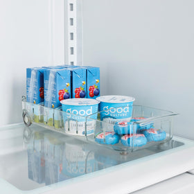 YouCopia RollOut Fridge Caddy sits neatly on fridge shelf