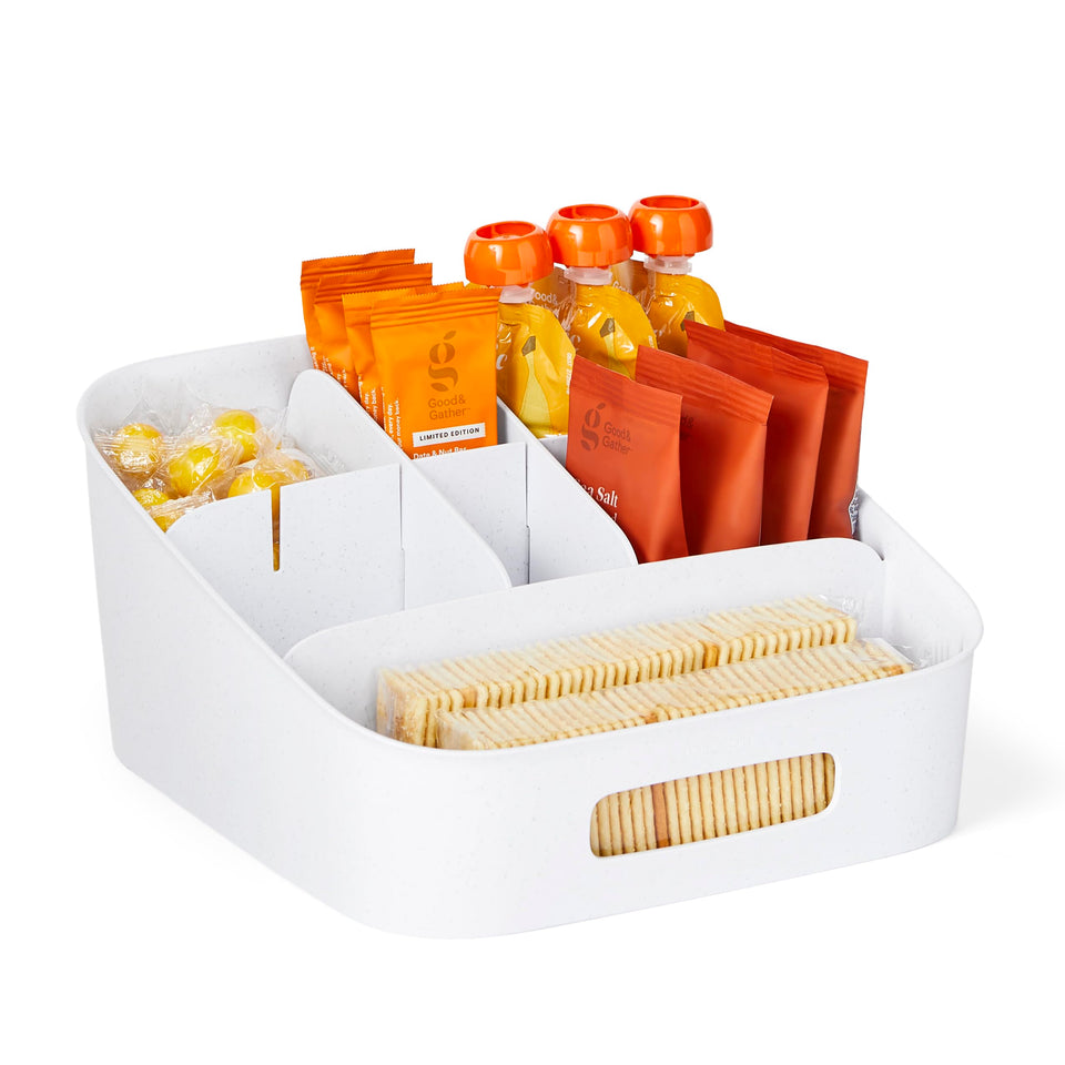 YouCopia ShelfBin showing adjustable dividers for organized snacks.