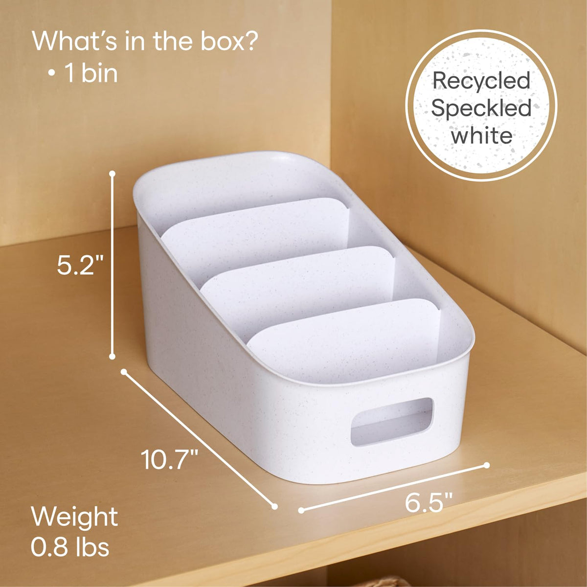 YouCopia ShelfBin BPA-free recycled plastic emphasizes safe, lightweight pantry storage.