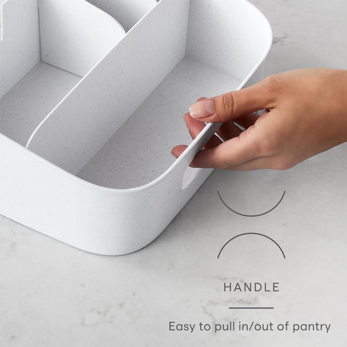 YouCopia ShelfBin built-in handle for easy transport to the counter.