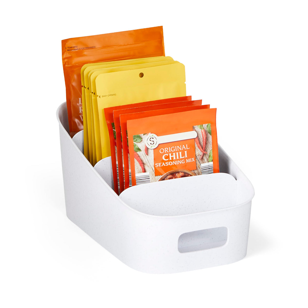YouCopia ShelfBin Packet Organizer front view with accessible compartments for quick grab.