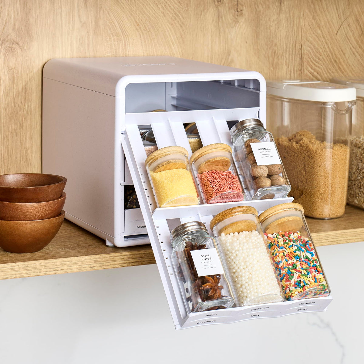 YouCopia SpiceStack Speckled White finish adds premium look to cabinets