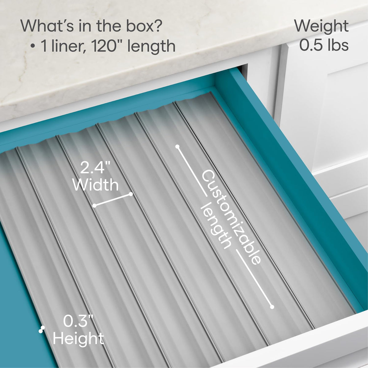 Flat, organized spice drawer layout using SpiceLiner for multiple bottle shapes