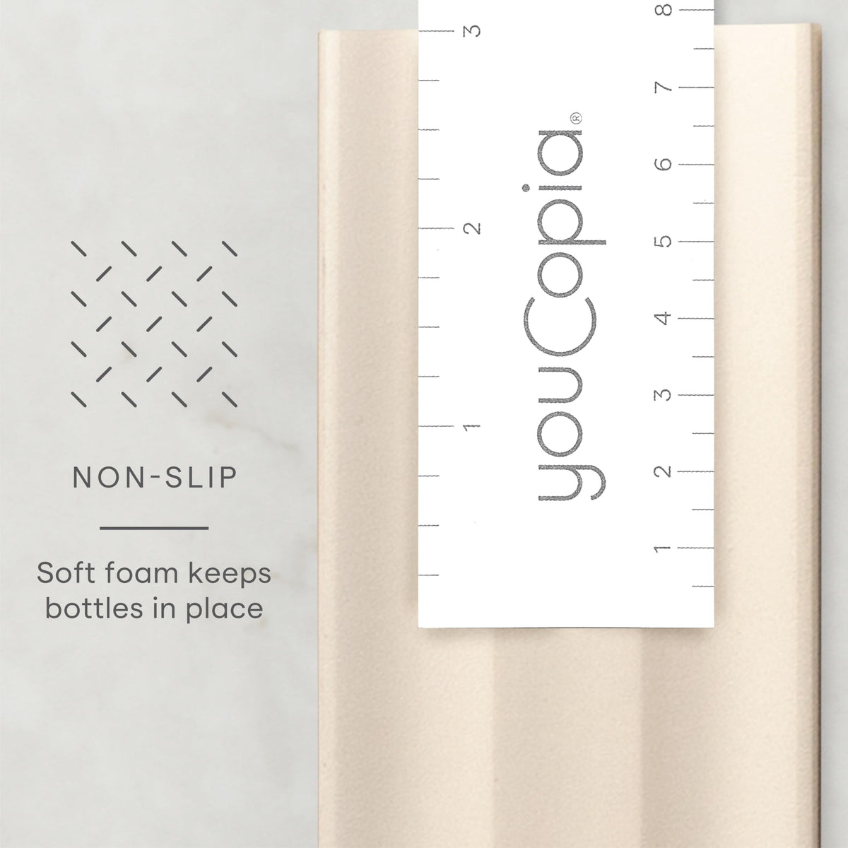 YouCopia SpiceLiner non-slip foam keeps bottles secure during use.