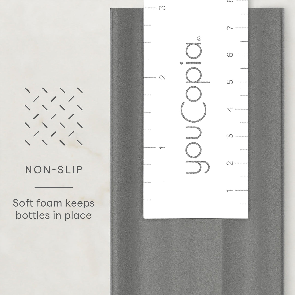 Soft foam non-slip layer keeps spice bottles secure in the drawer
