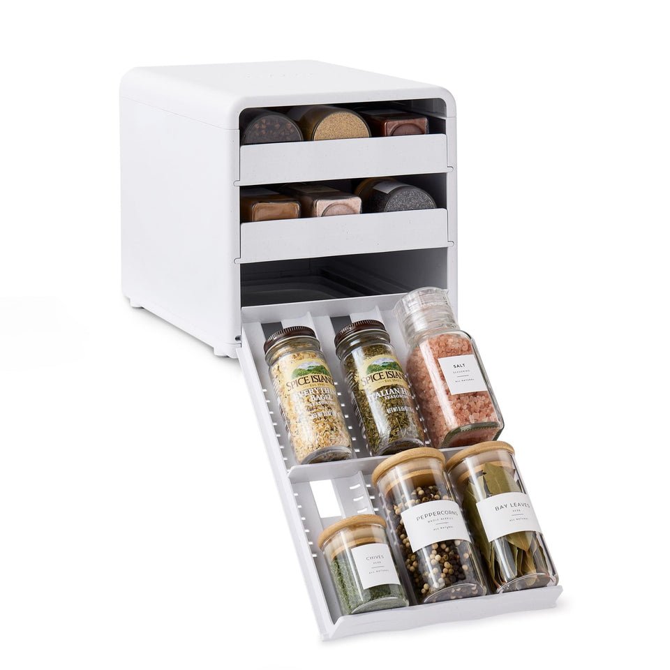 YouCopia SpiceStack with 18 bottles in adjustable compartments for flexible kitchen storage