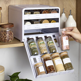 YouCopia SpiceStack universal drawer design fits many bottle sizes.
