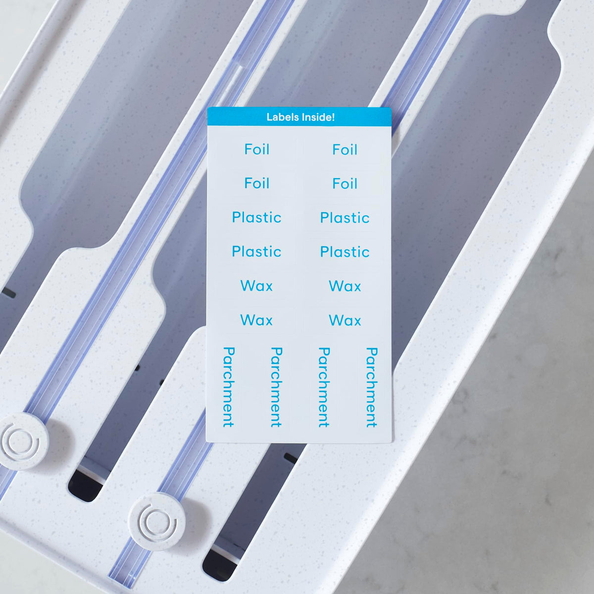 YouCopia StoraRoll wrap dispenser includes 16 labels for easy organization