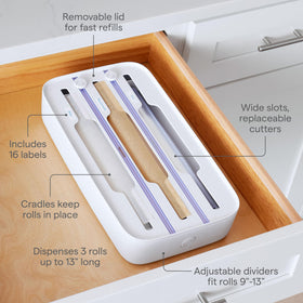YouCopia StoraRoll wrap dispenser with lid open for quick reload