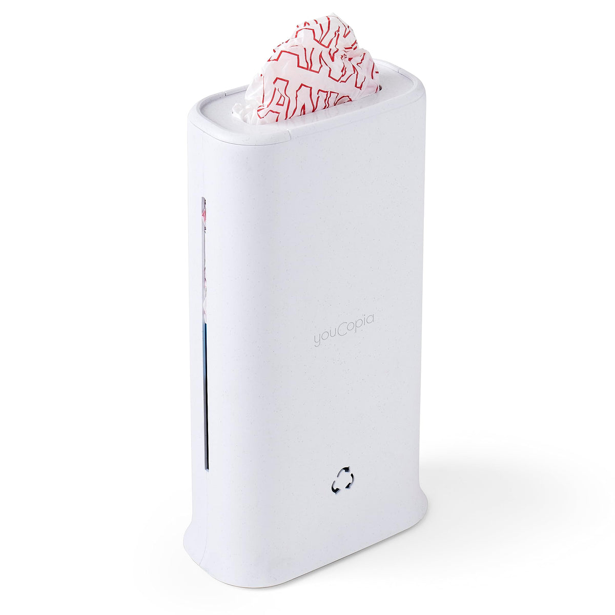 YouCopia StoraBag front view shows a slim, space-saving plastic bag dispenser for cabinets.