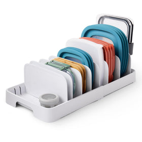 YouCopia StoraLid expandable lid organizer with tall dividers keeps lids upright and visible.