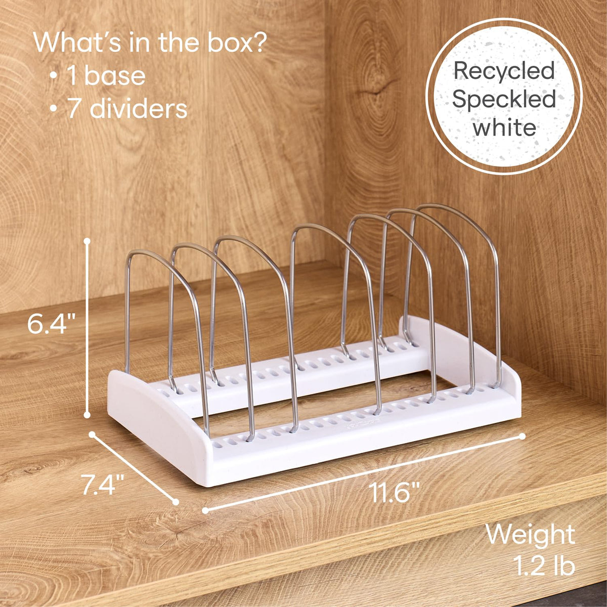 YouCopia StoreMore Bakeware Rack front view shows adjustable dividers for versatile storage.