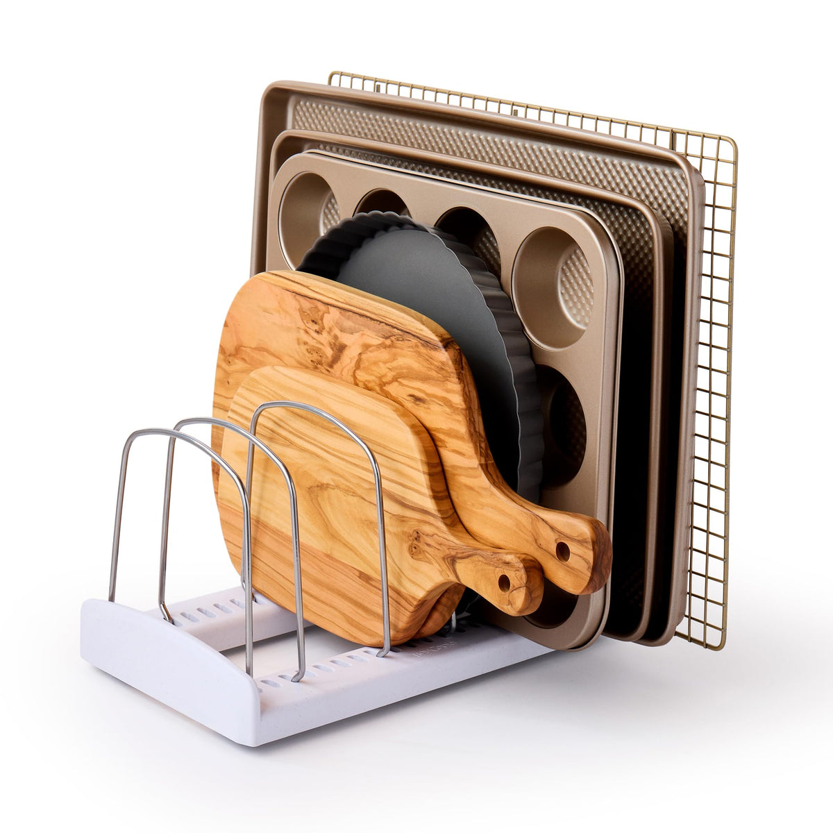 YouCopia StoreMore Bakeware Rack side view highlights upright storage for pans and lids.