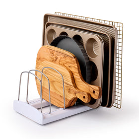 YouCopia StoreMore Bakeware Rack side view highlights upright storage for pans and lids.