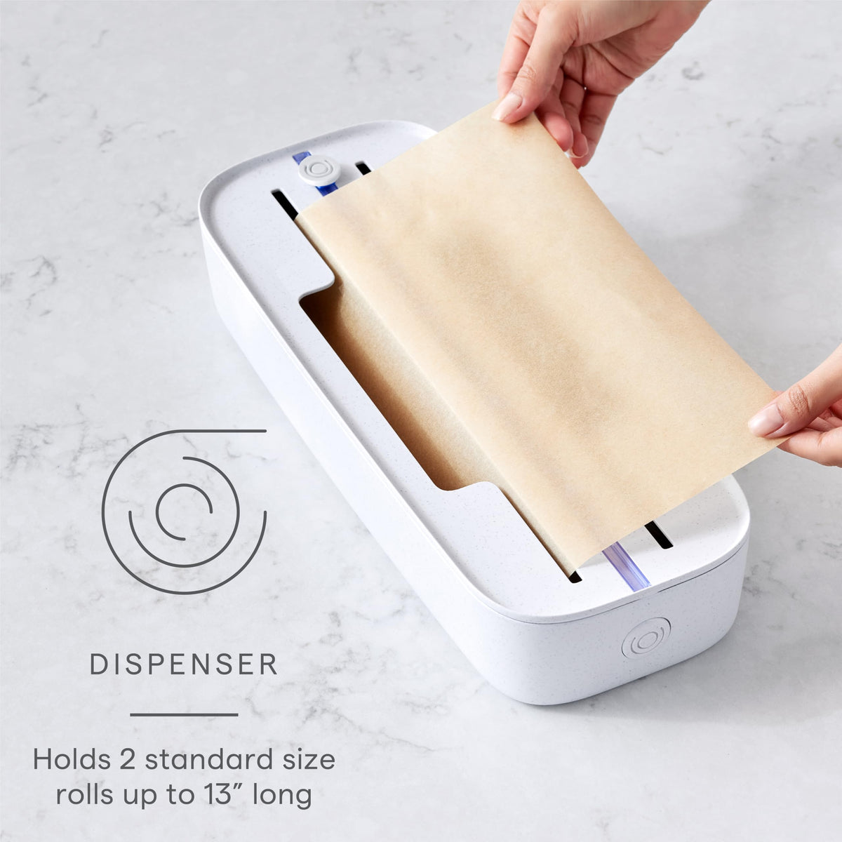 YouCopia StoraRoll Dispenser with two rolls loaded in the drawer for quick access.