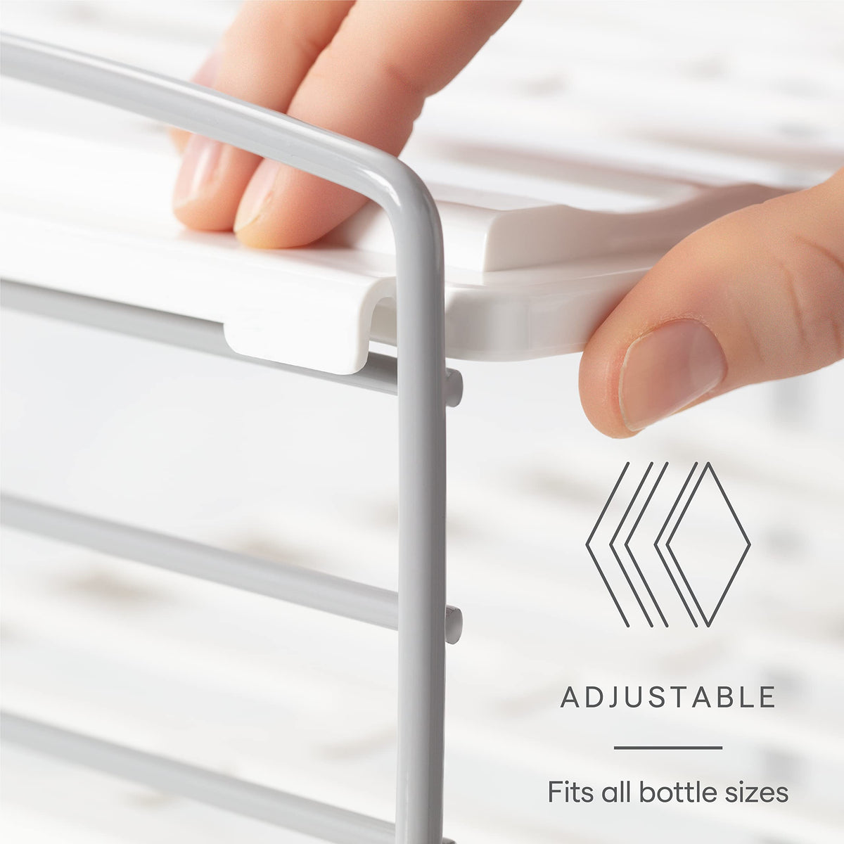 YouCopia UpSpace adjustable shelves show varied bottle heights.