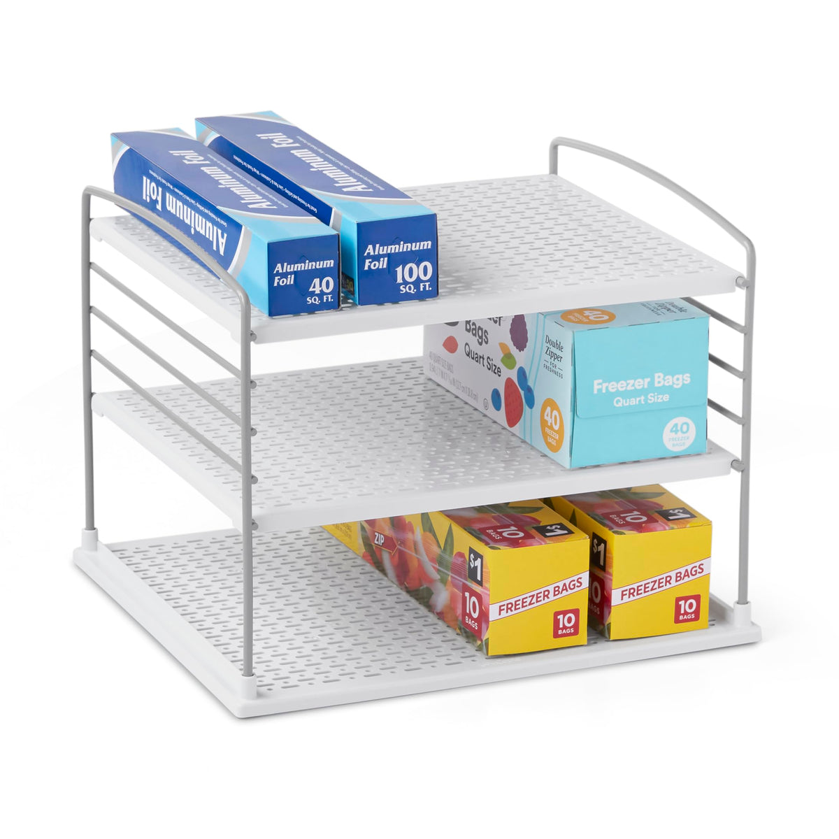 YouCopia UpSpace cabinet organizer with durable steel wires for clutter-free wrap and foil storage.