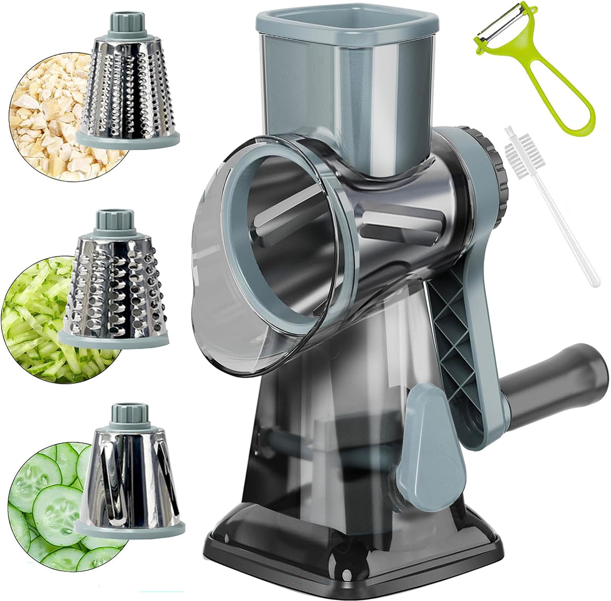 YOUCZON rotary cheese grater with handle on blue base for effortless shredding.